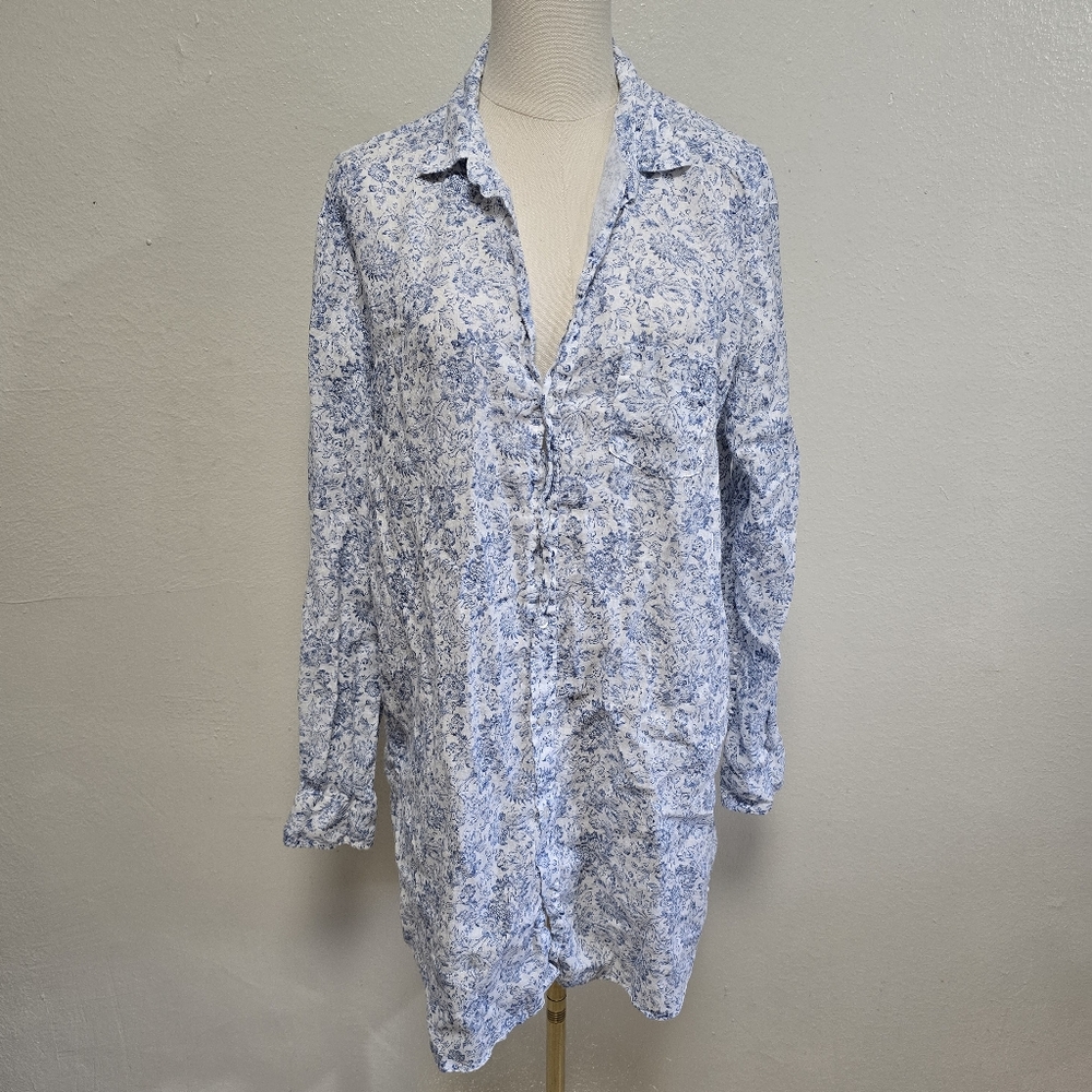 Frank & Eileen Mary Linen Shirt Dress Blue Floral Print Size Large